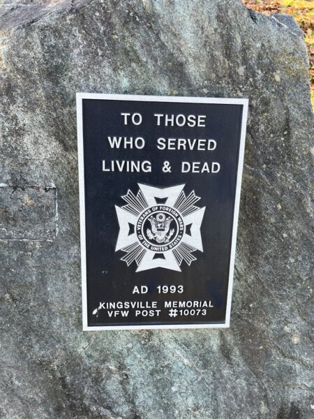 KINGSVILLE MEMORIAL VFW POST #10073 VETERANS PLAQUE