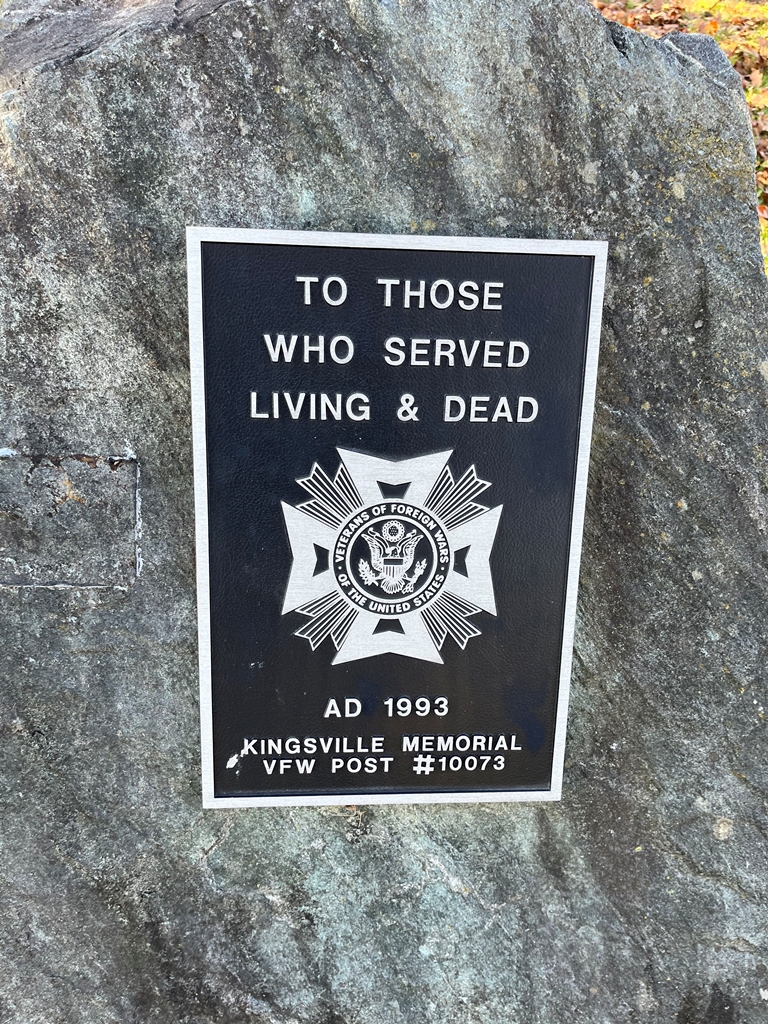 KINGSVILLE MEMORIAL VFW POST #10073 VETERANS PLAQUE
