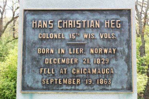 COL. HANS CHRISTIAN HEG MEMORIAL STATUE PLAQUE