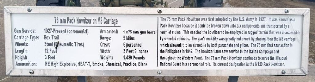 75 MM PACK HOWITZER ON M8 CARRIAGE MEMORIAL PLAQUE