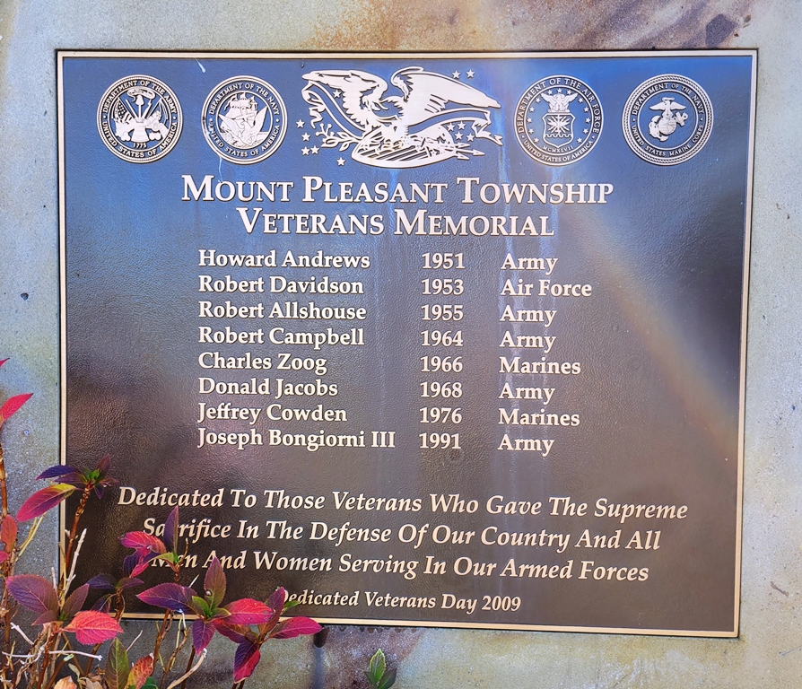 MOUNT PLEASANT TOWNSHIP VETERANS MEMORIAL PLAQUE