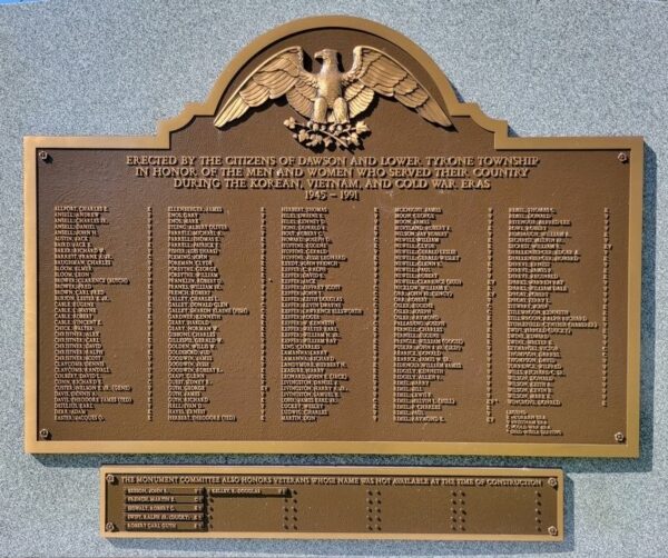 CITIZENS OF DAWSON AND LOWER TRYONE TOWNSHIP WAR VETERANS MEMORIAL PLAQUE