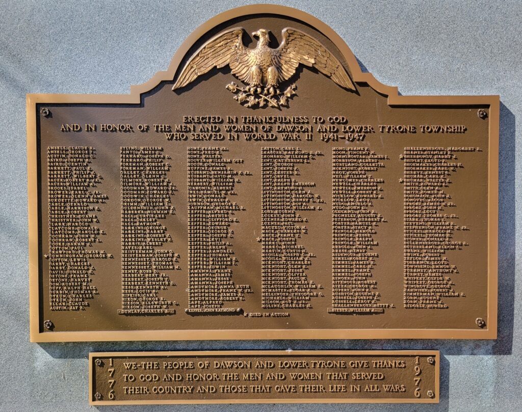 DAWSON AND LOWER TYRONE TOWNSHIP WORLD WAR II MEMORIAL PLAQUE