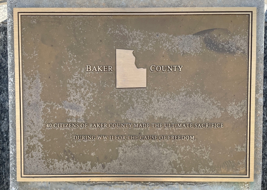 BAKER COUNTY FLORIDA WORLD WAR II MEMORIAL PLAQUE