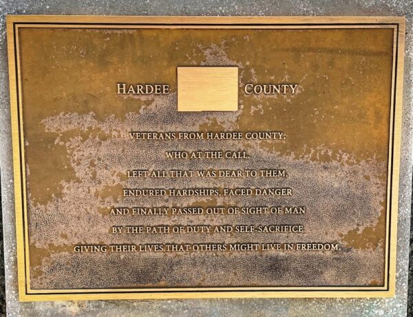 HARDEE COUNTY FLORIDA WORLD WAR II MEMORIAL PLAQUE