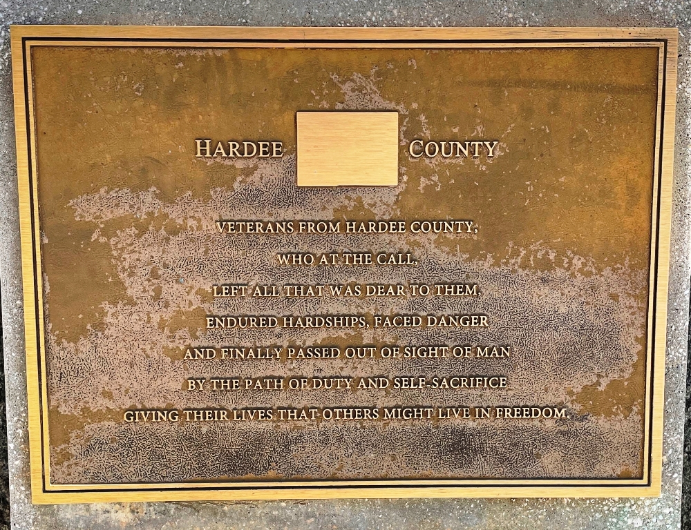 HARDEE COUNTY FLORIDA WORLD WAR II MEMORIAL PLAQUE