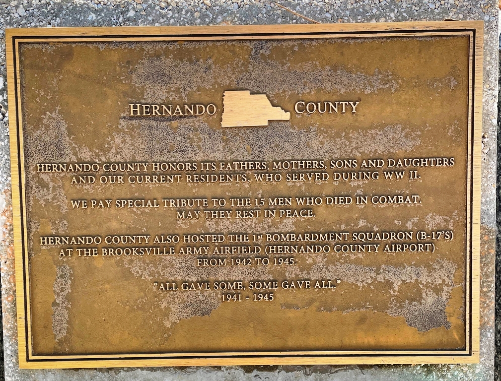 HERNANDO COUNTY FLORIDA WORLD WAR II MEMORIAL PLAQUE