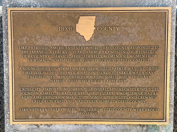 DIXIE COUNTY FLORIDA WORLD WAR II MEMORIAL PLAQUE