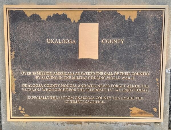 OKALOOSA COUNTY FLORIDA WORLD WAR II MEMORIAL PLAQUE