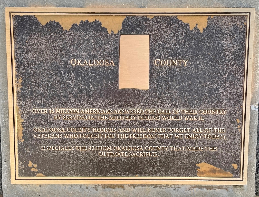 OKALOOSA COUNTY FLORIDA WORLD WAR II MEMORIAL PLAQUE
