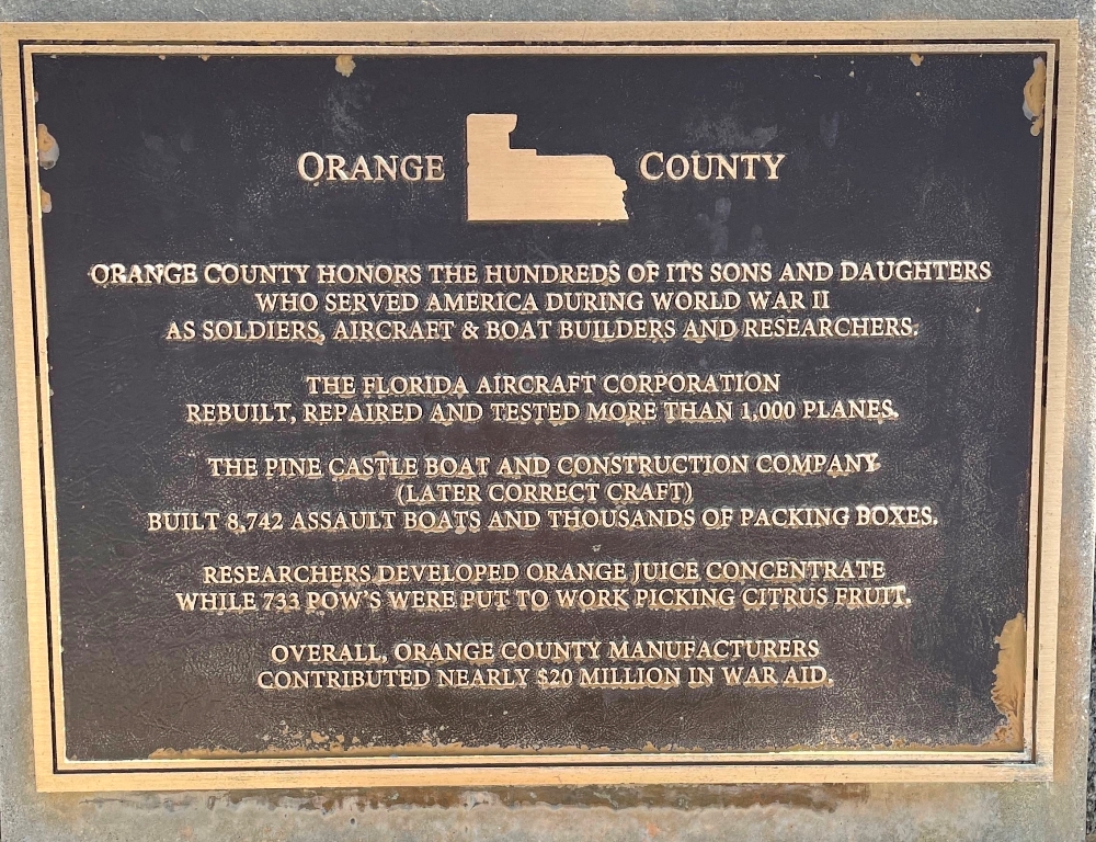 ORANGE COUNTY FLORIDA WORLD WAR II MEMORIAL PLAQUE