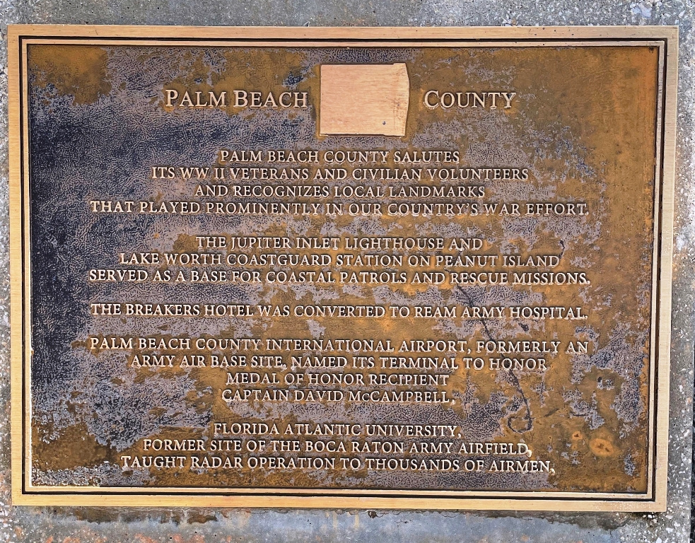 PALM BEACH COUNTY FLORIDA WORLD WAR II MEMORIAL PLAQUE