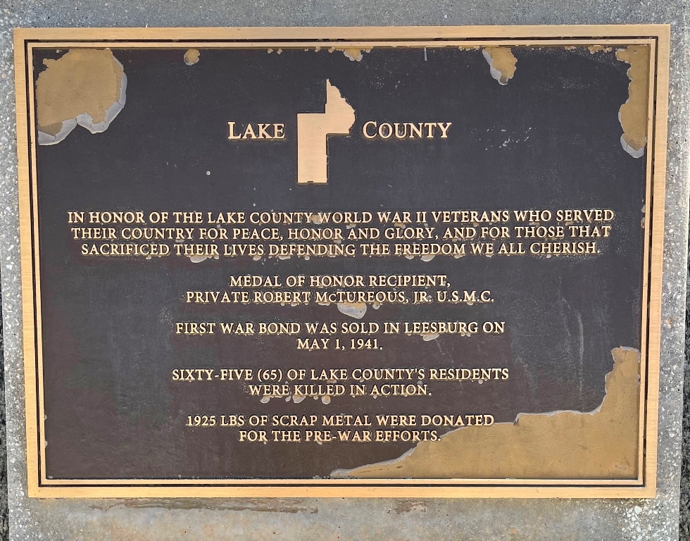 LAKE COUNTY FLORIDA WORLD WAR II MEMORIAL PLAQUE
