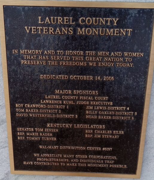LAUREL COUNTY VETERANS MONUMENT PLAQUE