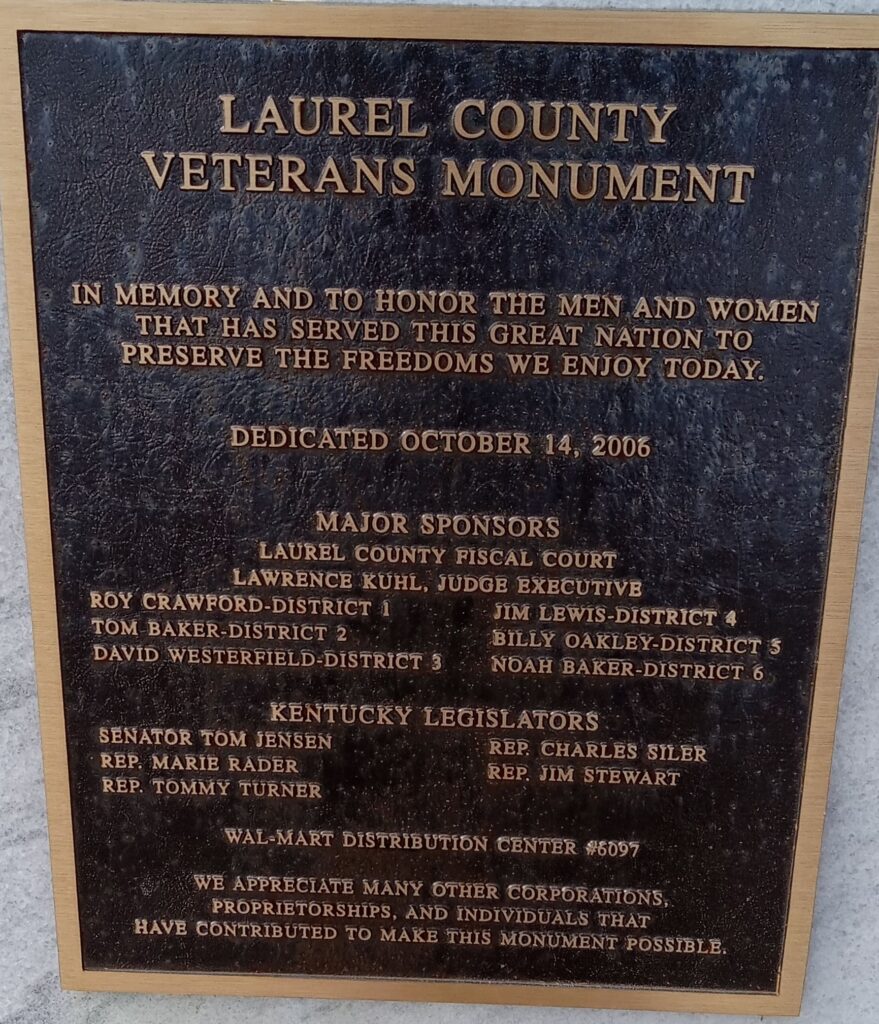 LAUREL COUNTY VETERANS MONUMENT PLAQUE