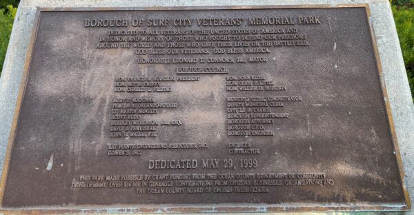 BOROUGH OF SURF CITY VETERANS MEMORIAL PARK PLAQUE