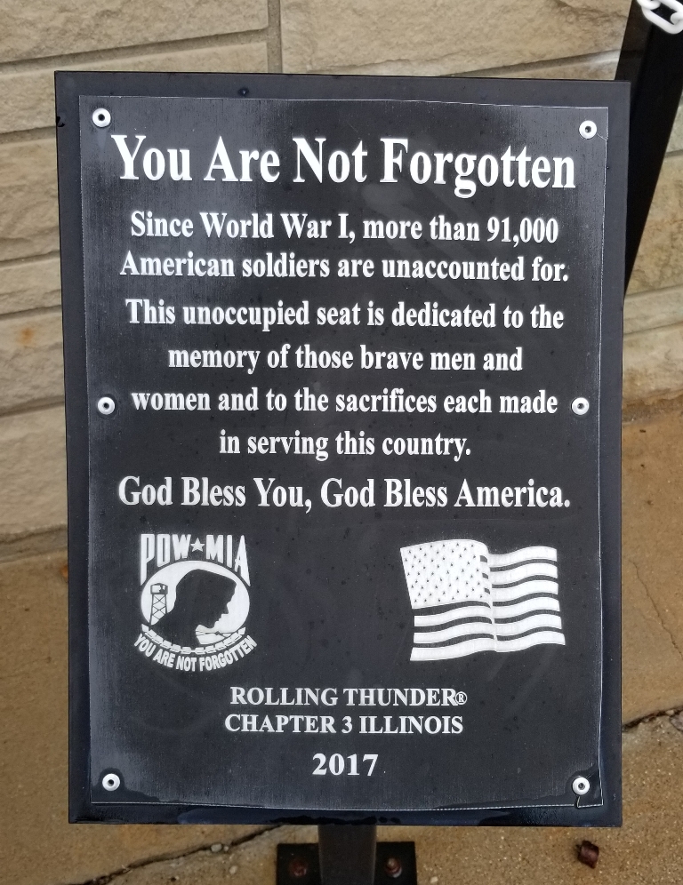 ROLLING THUNDER CHAPTERS 20H & 4TN YOU ARE NOT FORGOTTEN WAR MEMORIAL CHAIR PLAQUE
