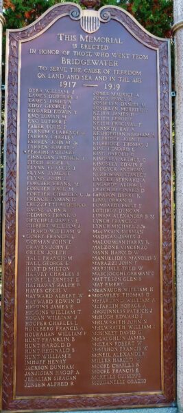 BRIDGEWATER, MA  WORLD WAR I MEMORIAL PLAQUE B