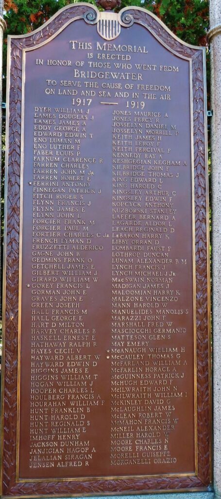 BRIDGEWATER, MA  WORLD WAR I MEMORIAL PLAQUE B