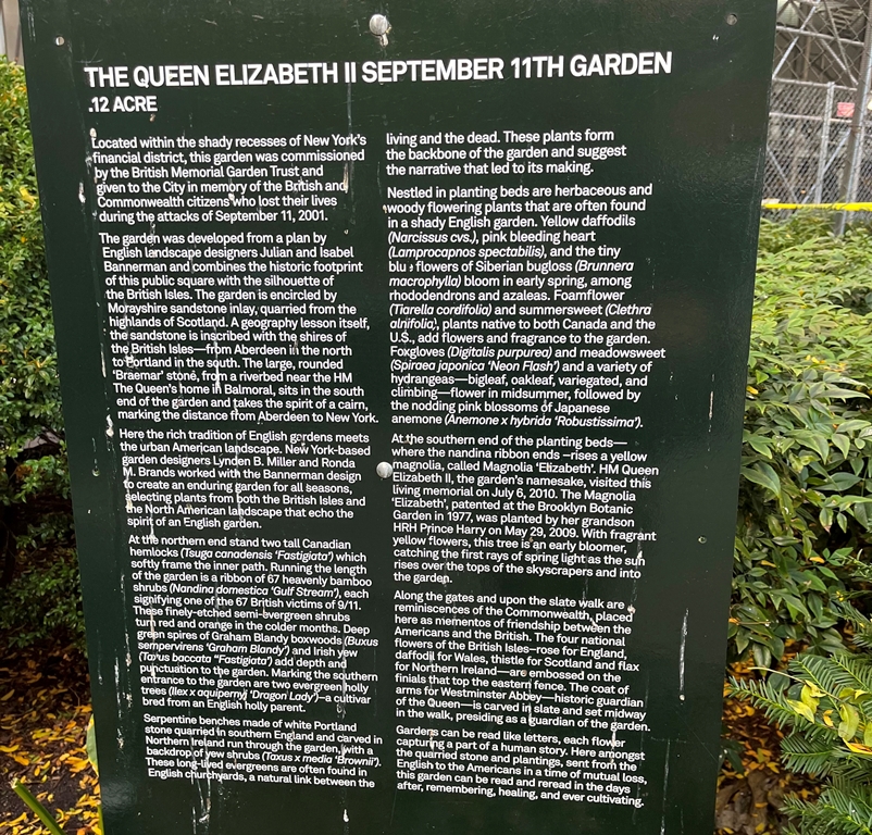 THE QUEEN ELIZABETH II SEPTEMBER 11TH GARDEN MEMORIAL PLAQUE