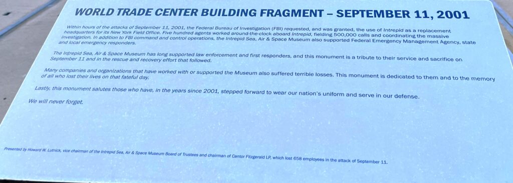 WORLD TRADE CENTER BUILDING FRAGMENT-SEPTEMBER 11, 2001 MEMORIAL PLAQUE