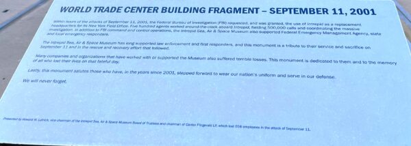 WORLD TRADE CENTER BUILDING FRAGMENT-SEPTEMBER 11, 2001 MEMORIAL PLAQUE
