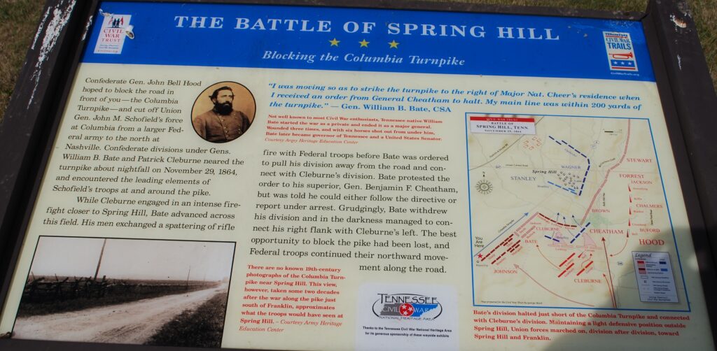 THE BATTLE OF SPRING HILL BLOCKING THE COLUMBIA TURNPIKE MEMORIAL PLAQUE