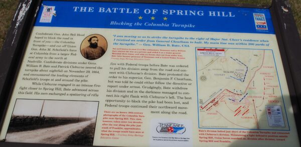 THE BATTLE OF SPRING HILL BLOCKING THE COLUMBIA TURNPIKE MEMORIAL PLAQUE