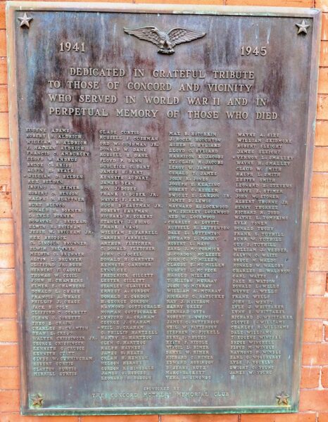 CONCORD AND VICINITY WORLD WAR II VETERANS MEMORIAL PLAQUE
