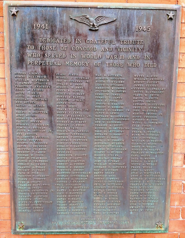 CONCORD AND VICINITY WORLD WAR II VETERANS MEMORIAL PLAQUE