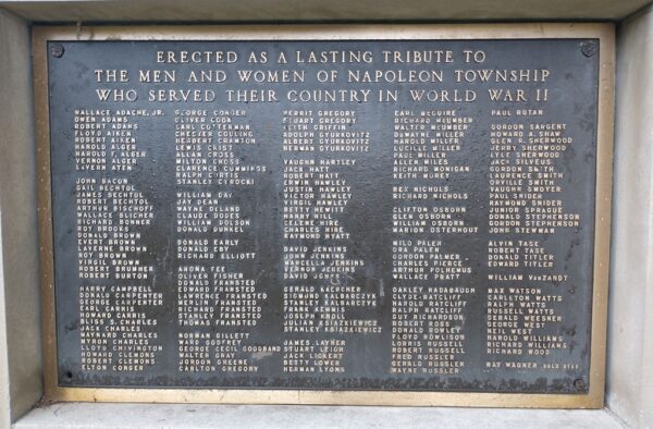 NAPOLEON TOWNSHIP WORLD WAR II MEMORIAL PLAQUE
