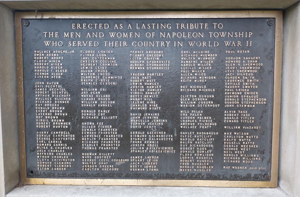 NAPOLEON TOWNSHIP WORLD WAR II MEMORIAL PLAQUE
