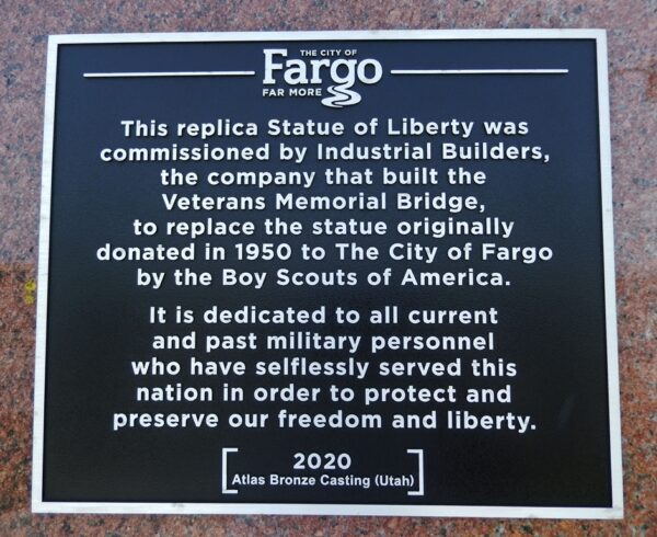 CITY OF FARGO STATUE OF LIBERTY REPLICA MEMORIAL PLAQUE A