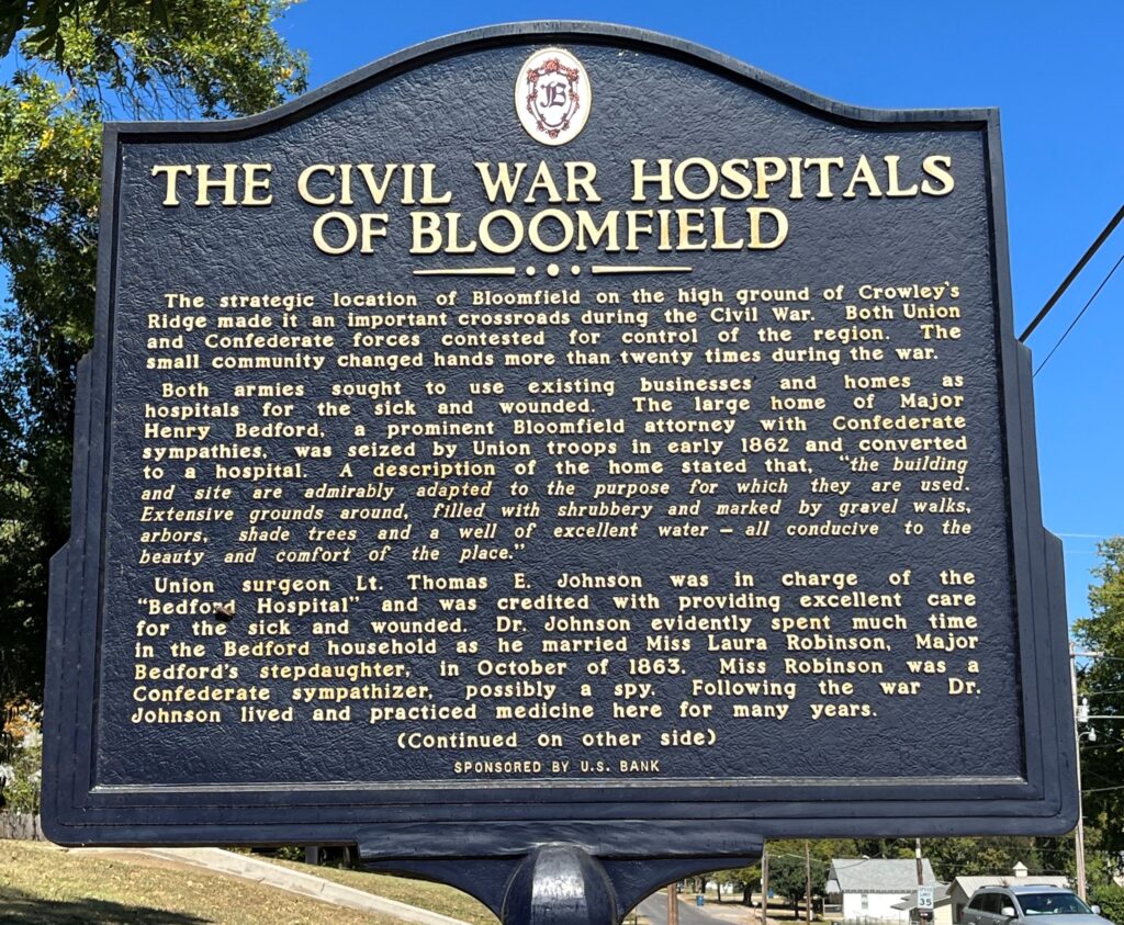 THE CIVIL WAR HOSPITAL OF BLOOMFIELD MEMORIAL MARKER FRONT