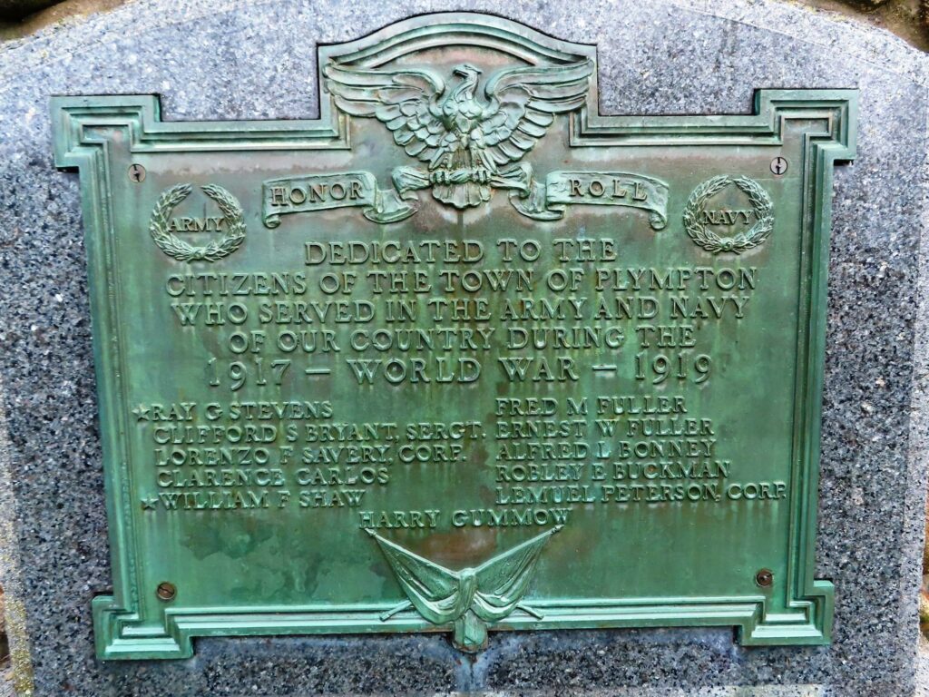 TOWN OF PLYMPTON WORLD WAR MEMORIAL PLAQUE