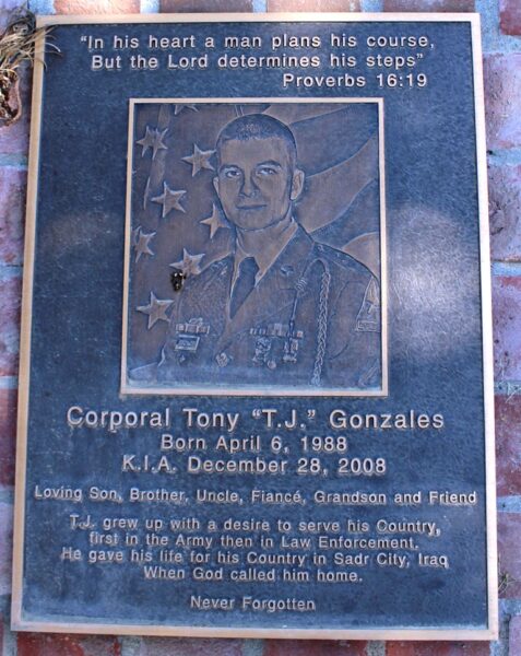 CORPORAL TONY “T.J.” GONZALEZ WAR MEMORIAL PLAQUE