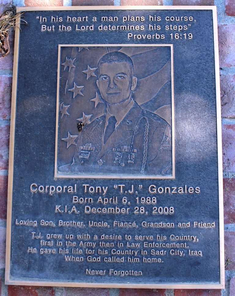 CORPORAL TONY “T.J.” GONZALEZ WAR MEMORIAL PLAQUE