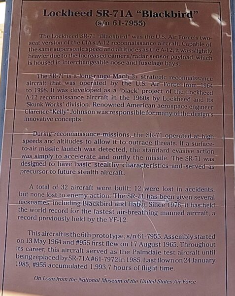 EDWARDS AFB LOCKHEED SR-71A “BLACKBIRD” MEMORIAL AIRCRAFT PLAQUE