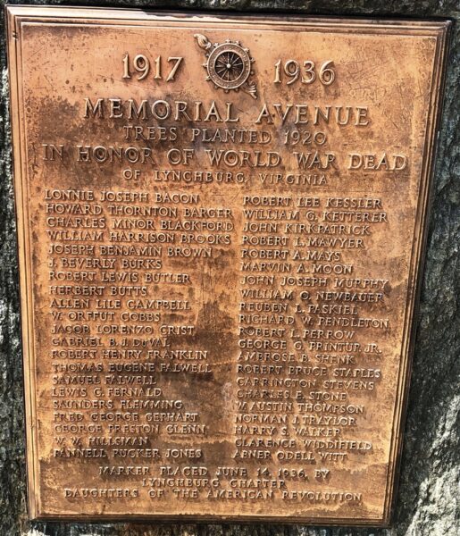 LYNCHBURG MEMORIAL AVENUE PLAQUE