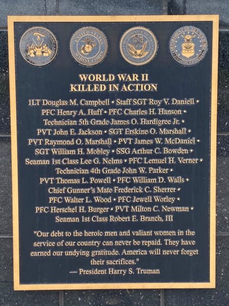 WATKINSVILLE WORLD WAR II KILLED IN ACTION MEMORIAL PLAQUE