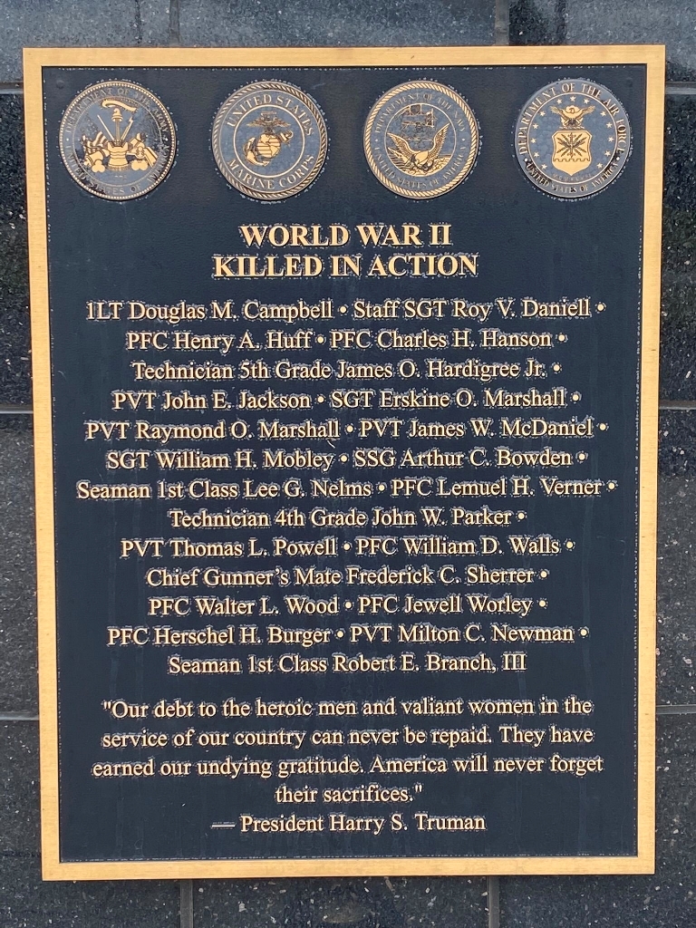 WATKINSVILLE WORLD WAR II KILLED IN ACTION MEMORIAL PLAQUE