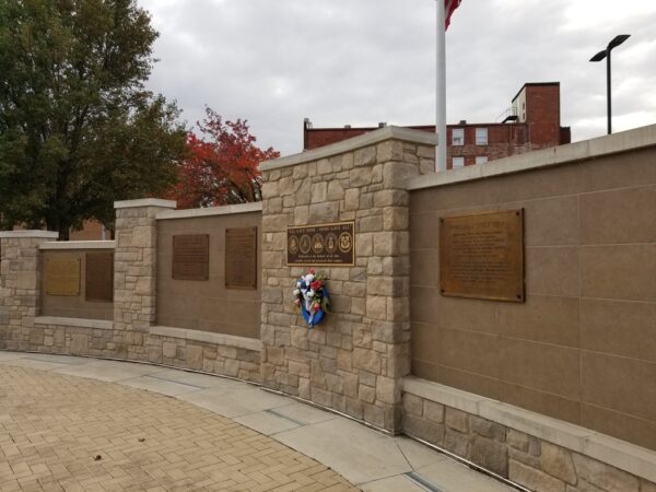 CASS COUNTY WAR VETERANS MEMORIAL CLOCK TOWER WALL WITH PLAQUE