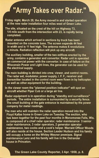 “ARMY TAKES OVER RADAR” MEMORIAL MARKER
