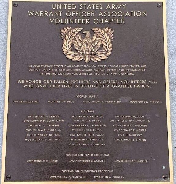 UNITED STATES ARMY WARRANT OFFICER WAR MEMORIAL PLAQUE