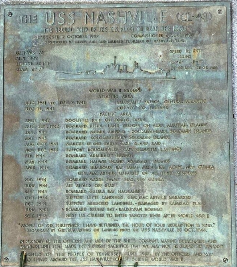 THE USS NASHVILLE (CL-43) WAR MEMORIAL PLAQUE