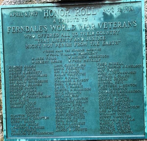 FERNDALE WORLD WAR VETERANS MEMORIAL PLAQUE