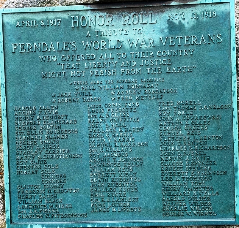 FERNDALE WORLD WAR VETERANS MEMORIAL PLAQUE