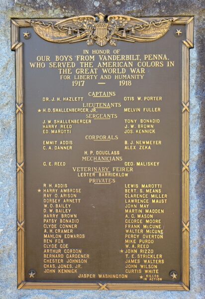 VANDERBILT, PENNA. GREAT WORLD WAR MEMORIAL PLAQUE