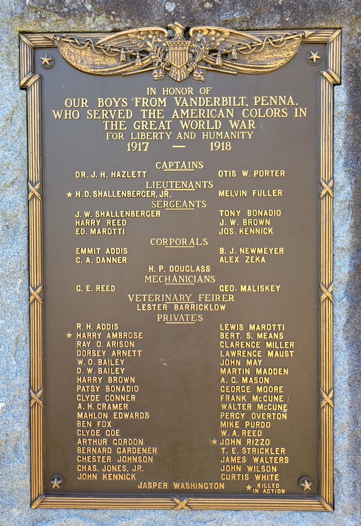 VANDERBILT, PENNA. GREAT WORLD WAR MEMORIAL PLAQUE