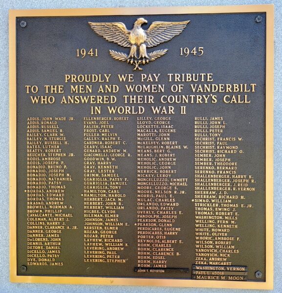 VANDERBILT WORLD WAR II MEMORIAL PLAQUE